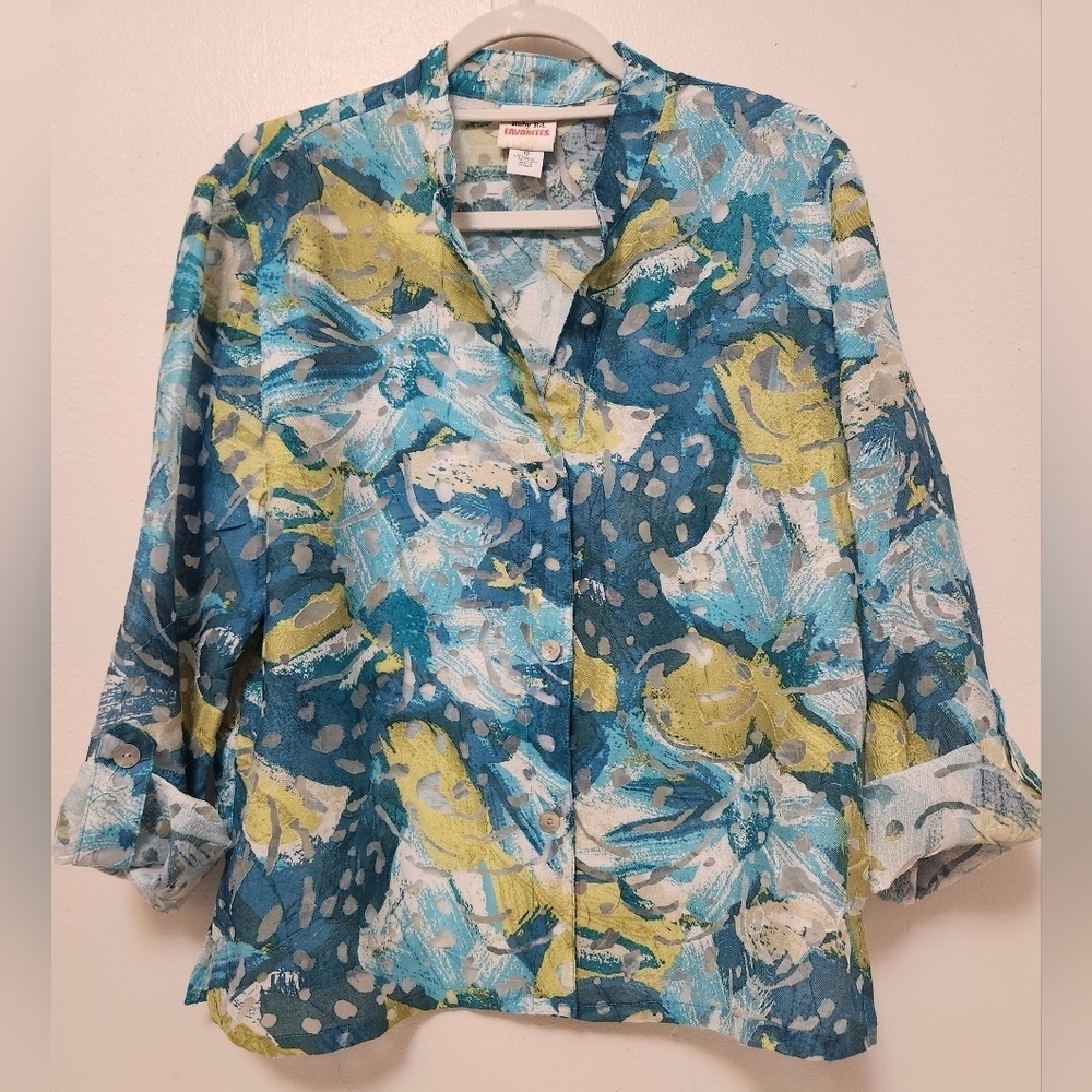 Ruby Rd. Sheer Button Down Top Multi Floral SZ 12 LIKE NEW!